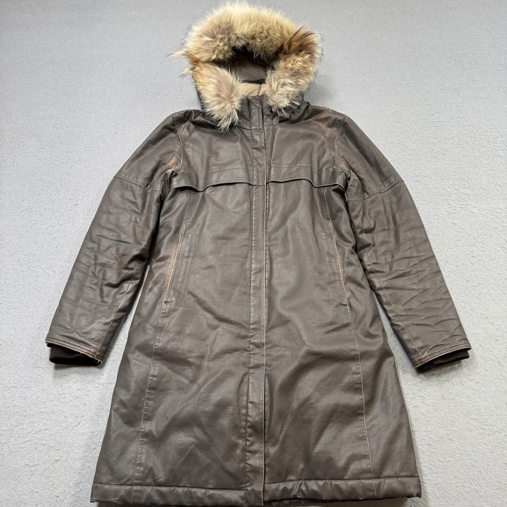 Vintage Parka Coat Women's Small Brown Faux Leather Fur Trim Hood Quilted Canada